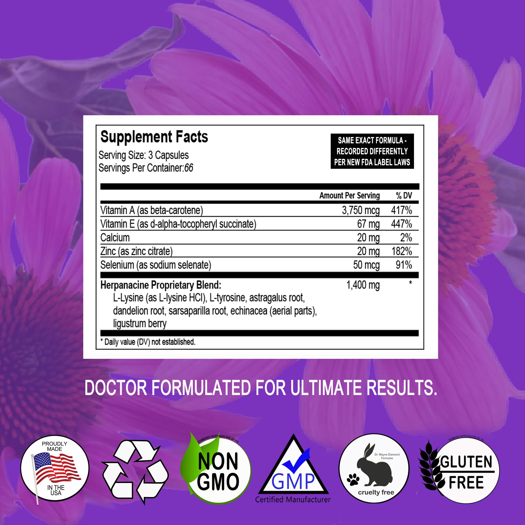 Herpanacine Diamond label closeup featuring ingredient highlights for skin health