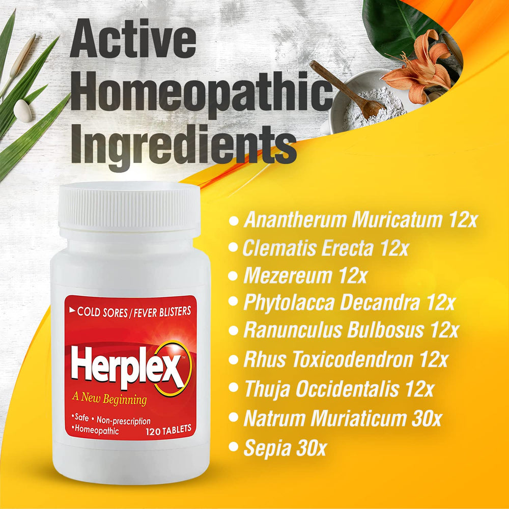 Herplex Premium Tablets packaging image communicates non-prescription, homeopathic formulation.