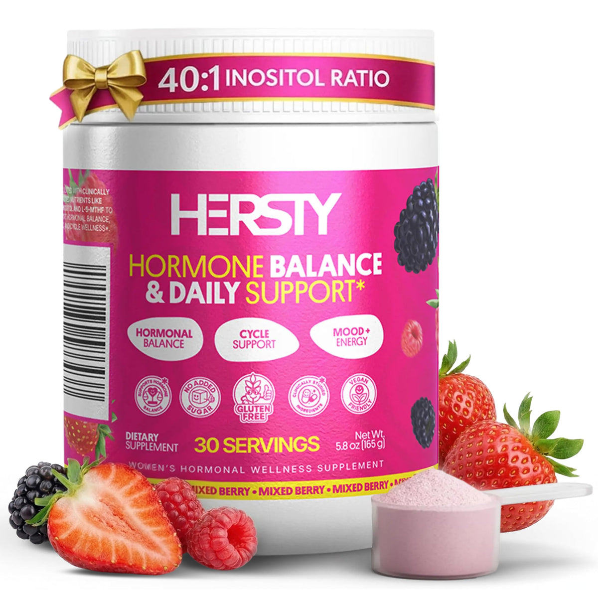 HERSTY Myo-Inositol berry powder bottle for daily hormone balance.