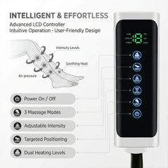 Heselises Leg Compression Massager control panel showing mode and heat options.