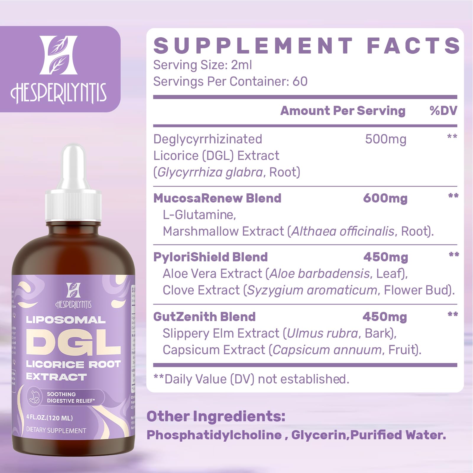 Front packaging display of Hesperilyntis Liposomal DGL Licorice product.