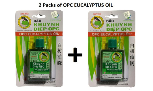 OPC eucalyptus oil green bottle shown for massage application use.