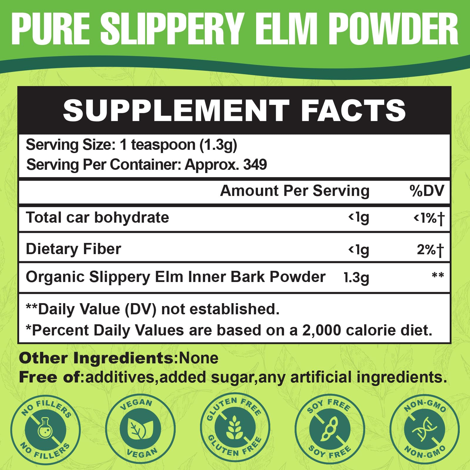 Heucves Slippery Elm powder bag displaying serving size for daily use