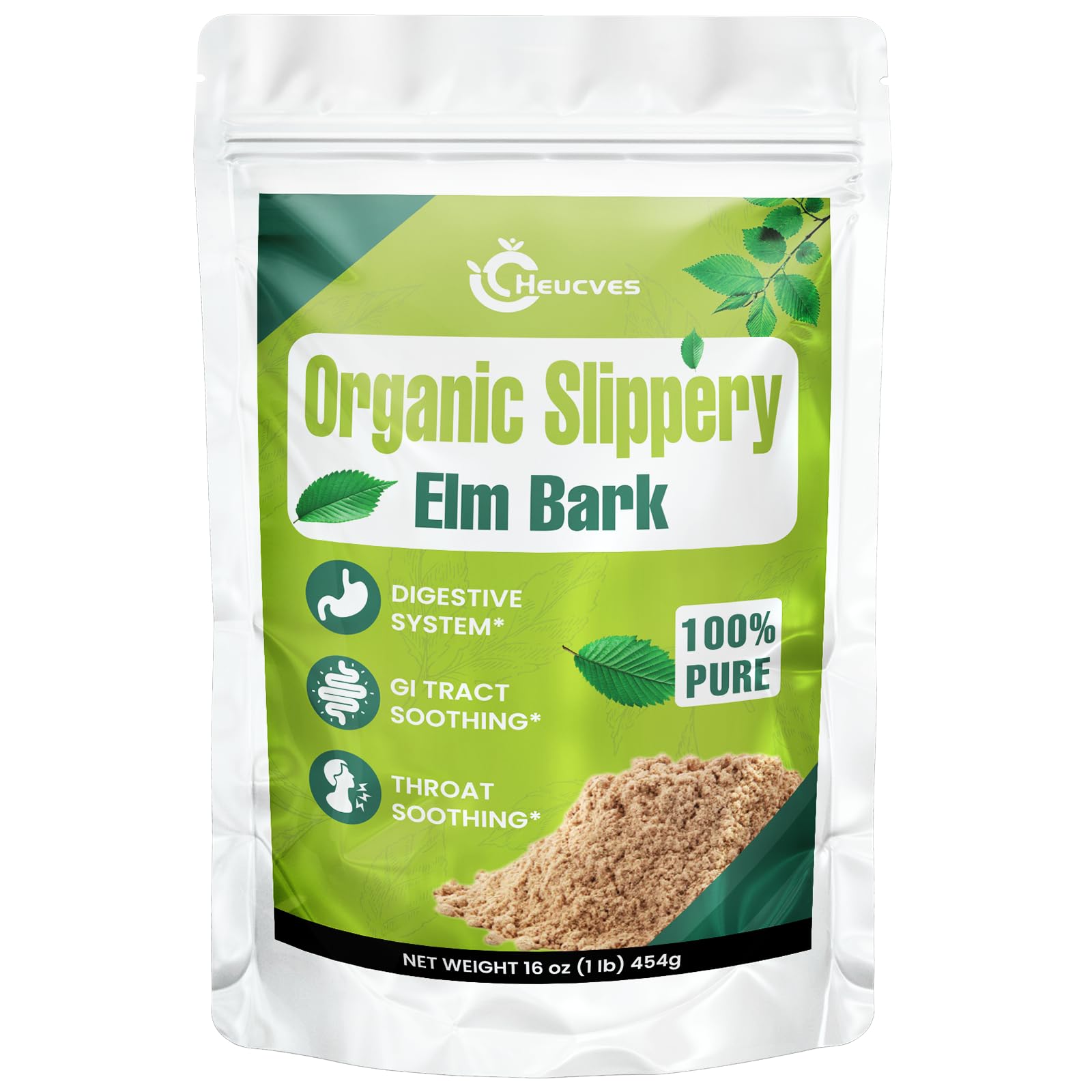 Heucves Slippery Elm powder jar close-up showing purity for digestive wellness