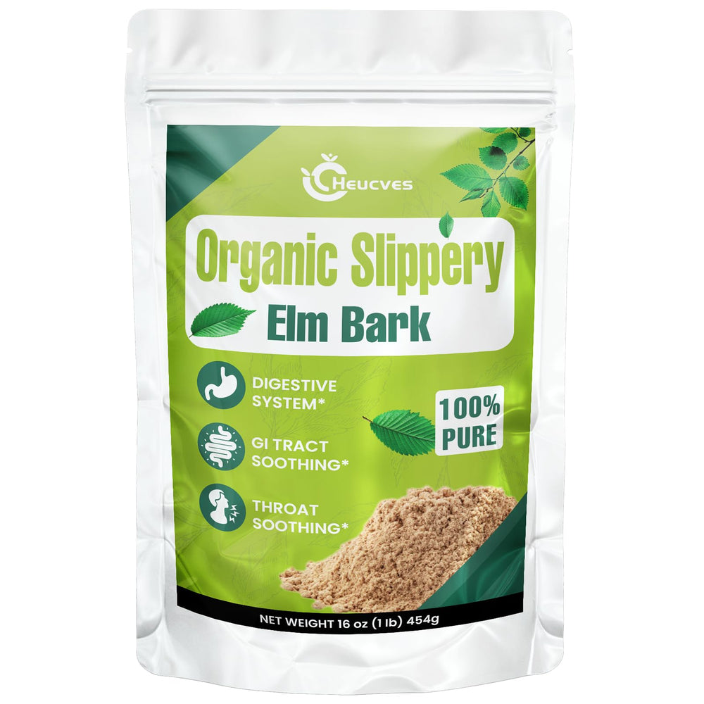 Heucves Slippery Elm powder jar close-up showing purity for digestive wellness