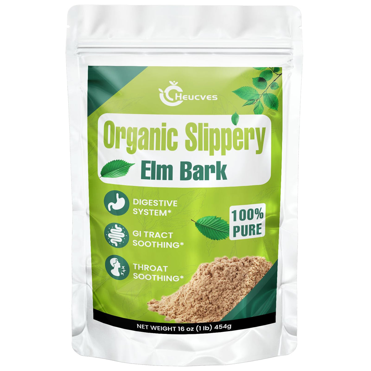 Heucves Slippery Elm powder jar close-up showing purity for digestive wellness