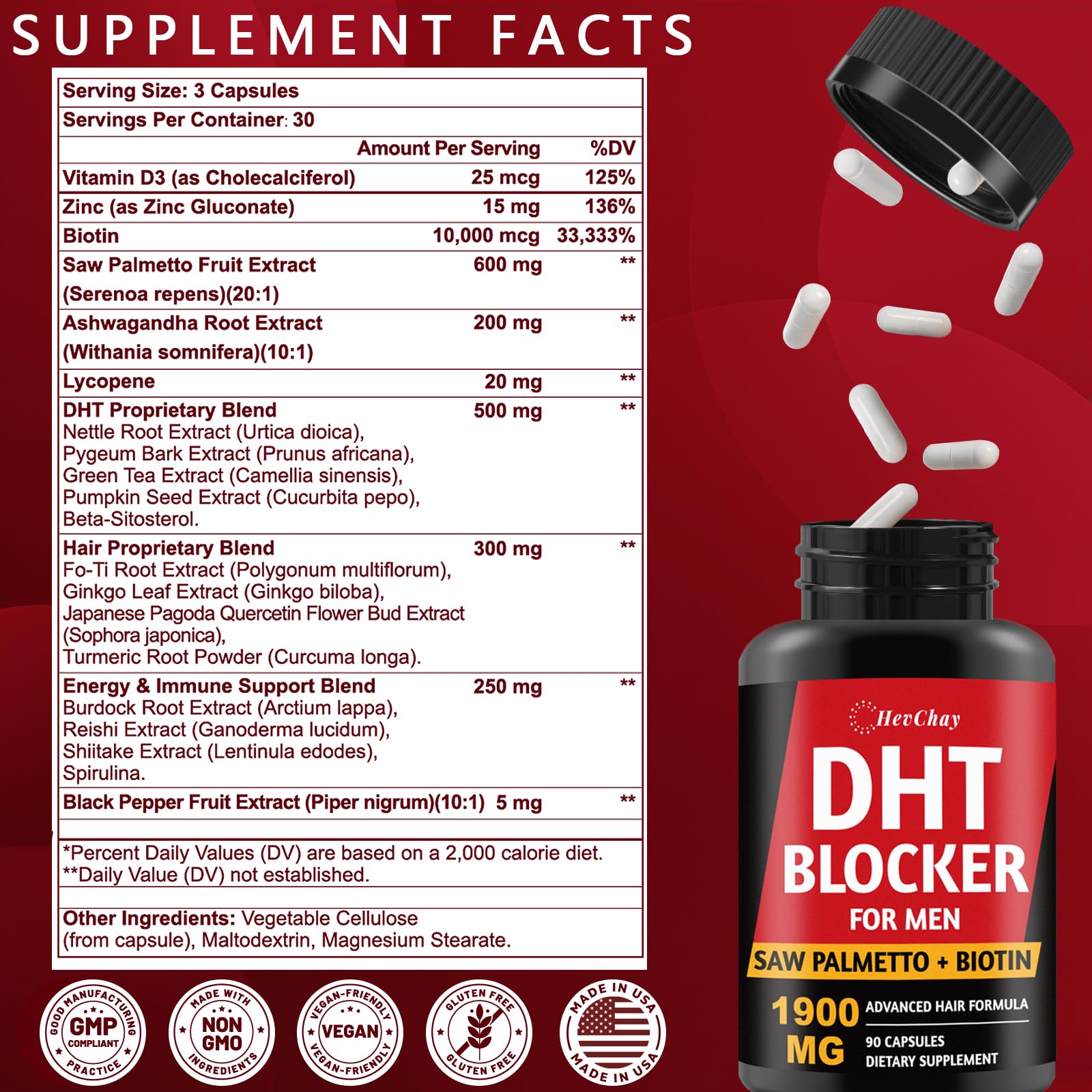 HevChay DHT Blocker label closeup highlights 600 mg saw palmetto and botanicals for hair support.