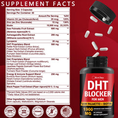 HevChay DHT Blocker label closeup highlights 600 mg saw palmetto and botanicals for hair support.