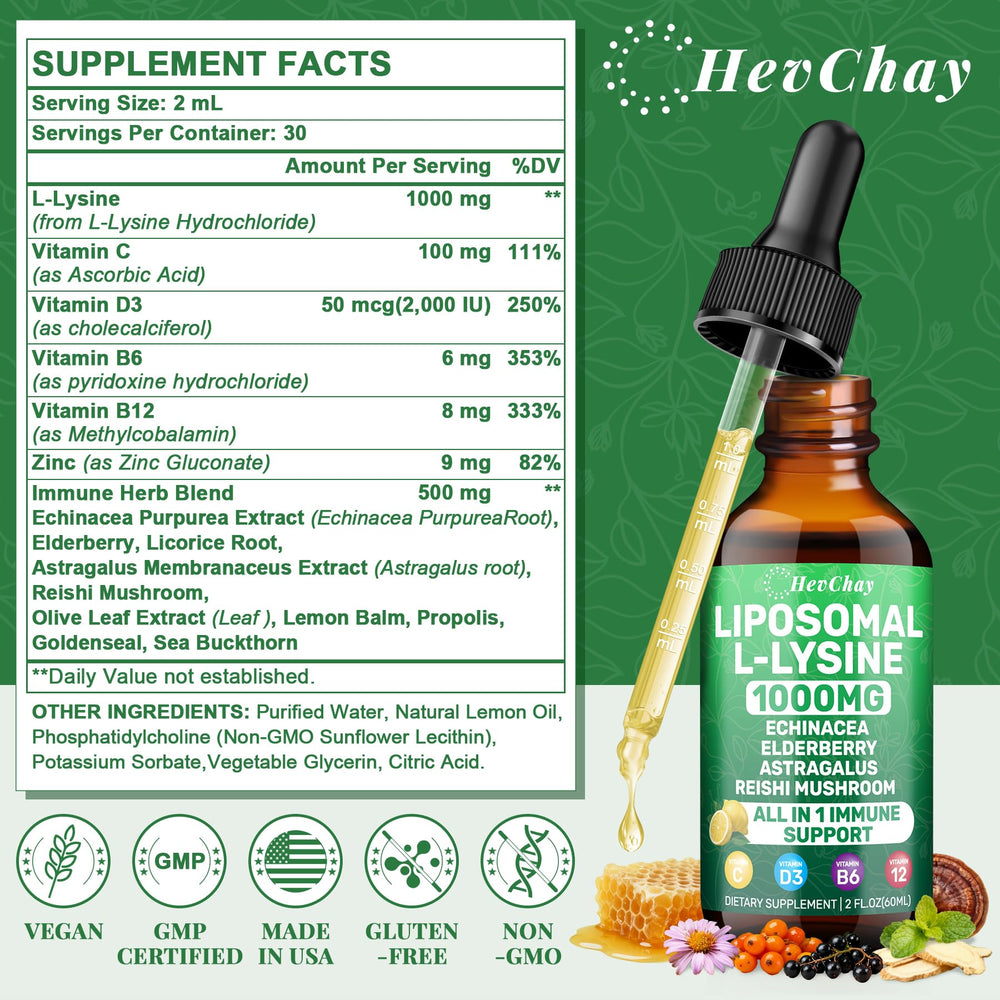 Lysine drops with measuring dropper for easy daily use.