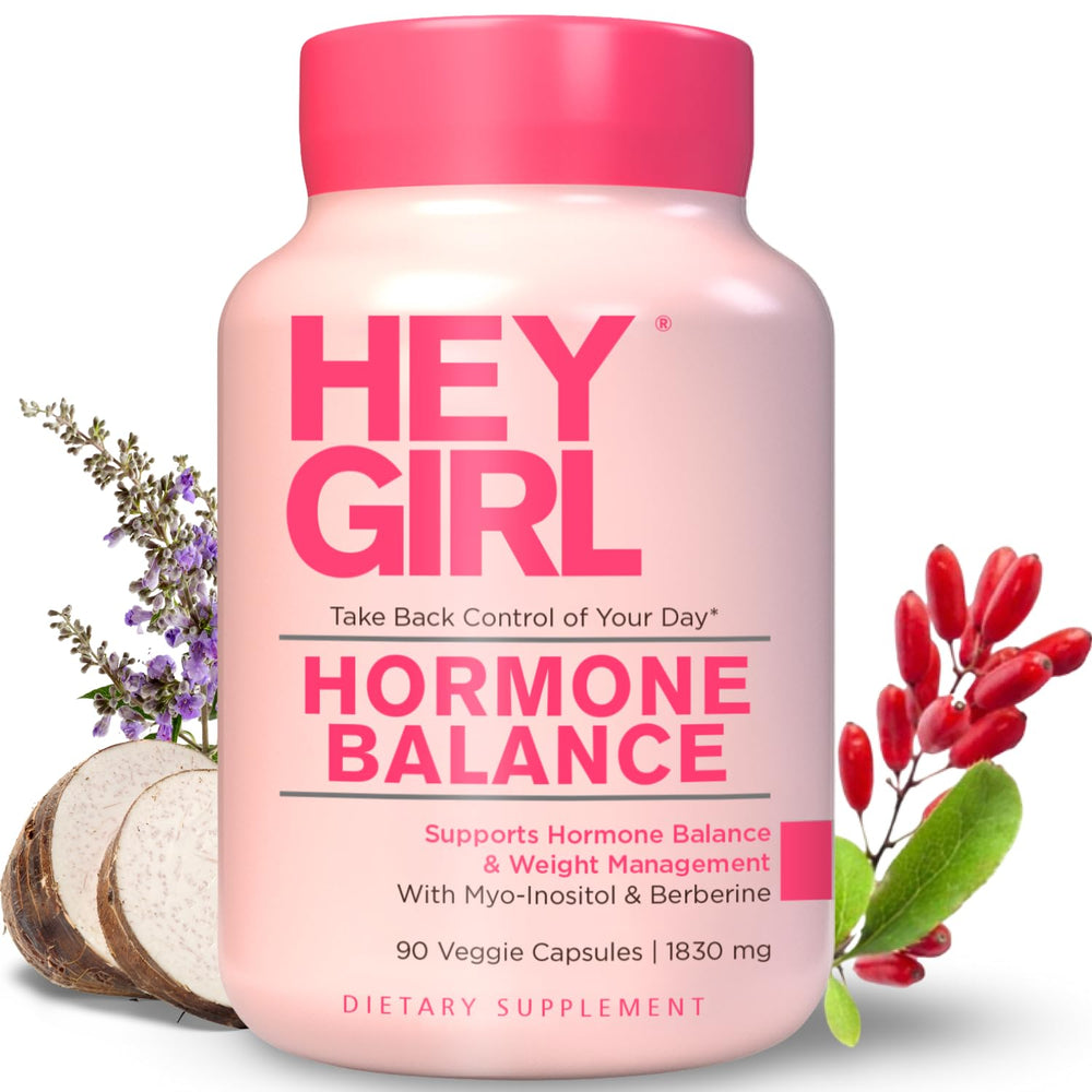 Hey Girl Nutrition hormone balance bottle in a bright setting suggesting cycle wellness