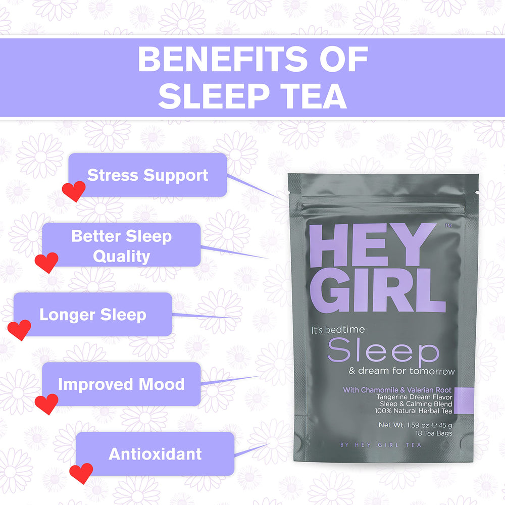 Hey Girl Sleep Tea blend ingredients highlight chamomile and valerian for a soothing profile.