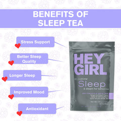 Hey Girl Sleep Tea blend ingredients highlight chamomile and valerian for a soothing profile.