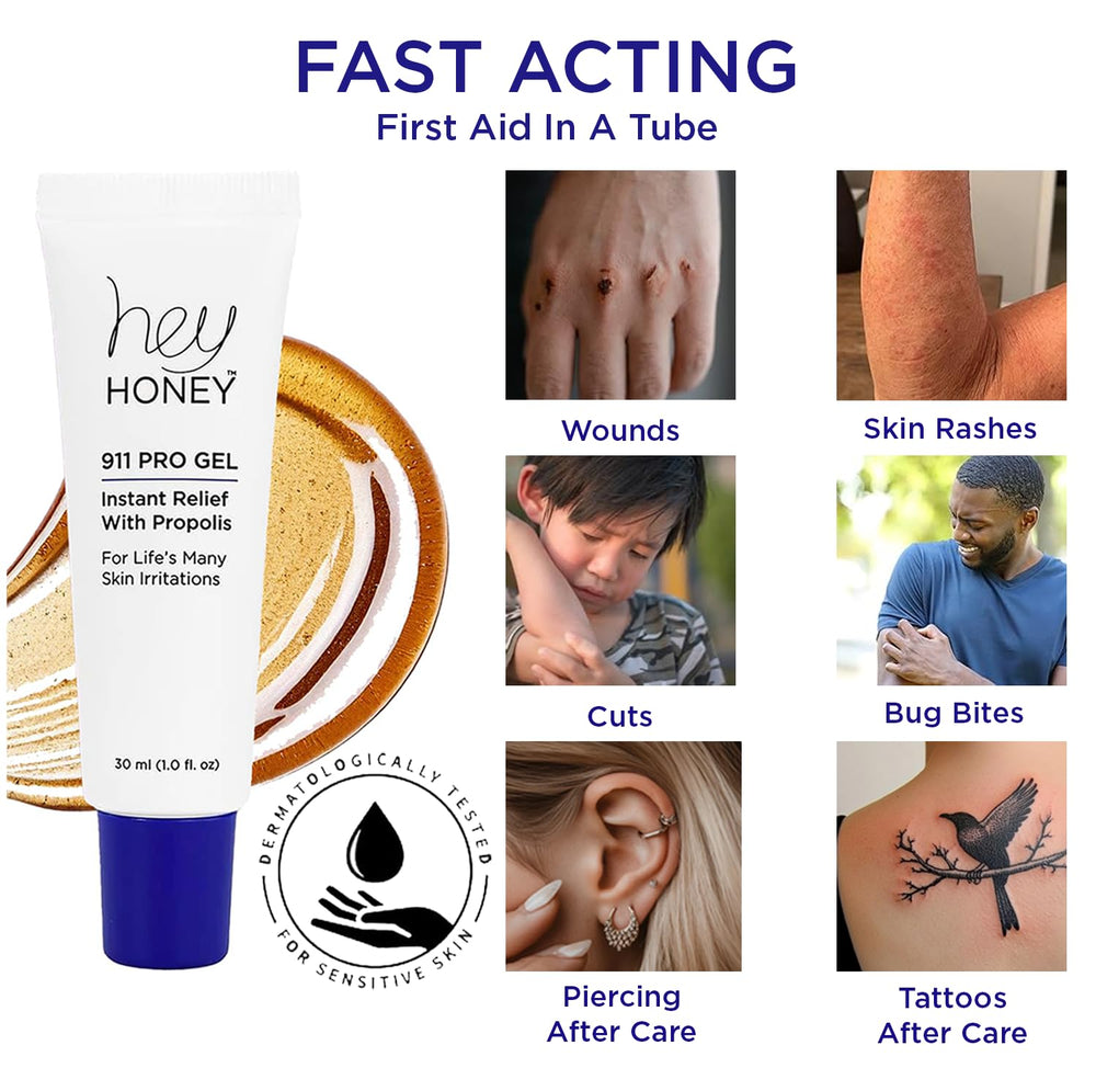 Hey Honey 911 Propolis Gel tube side showing smooth texture for fast relief