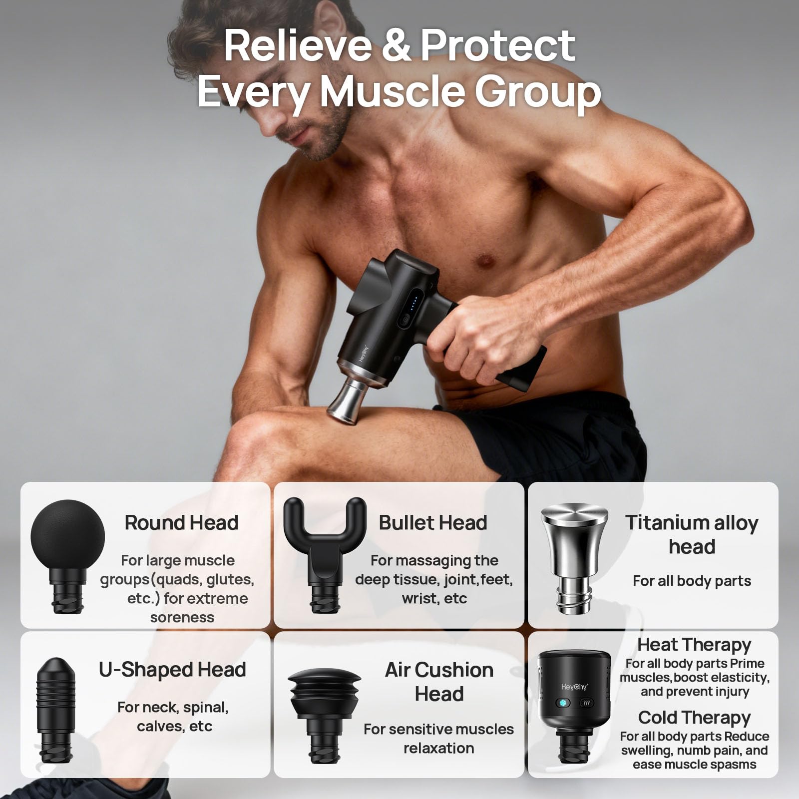 HEYCHY five attachments offer targeted relief for major muscle groups and trigger points.