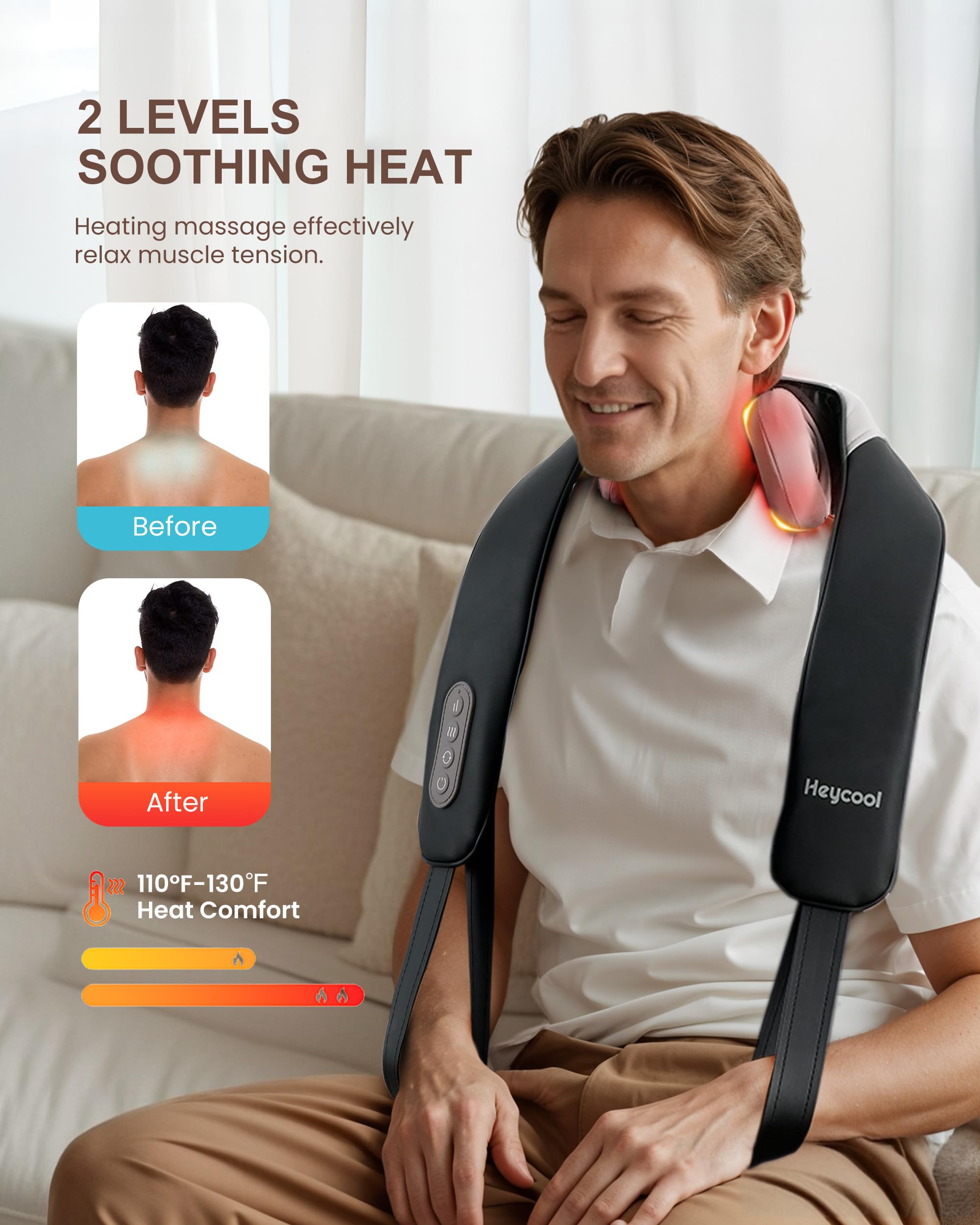 Heycool cordless neck massager heat heads close-up highlights 4D kneading action for deep relaxation.