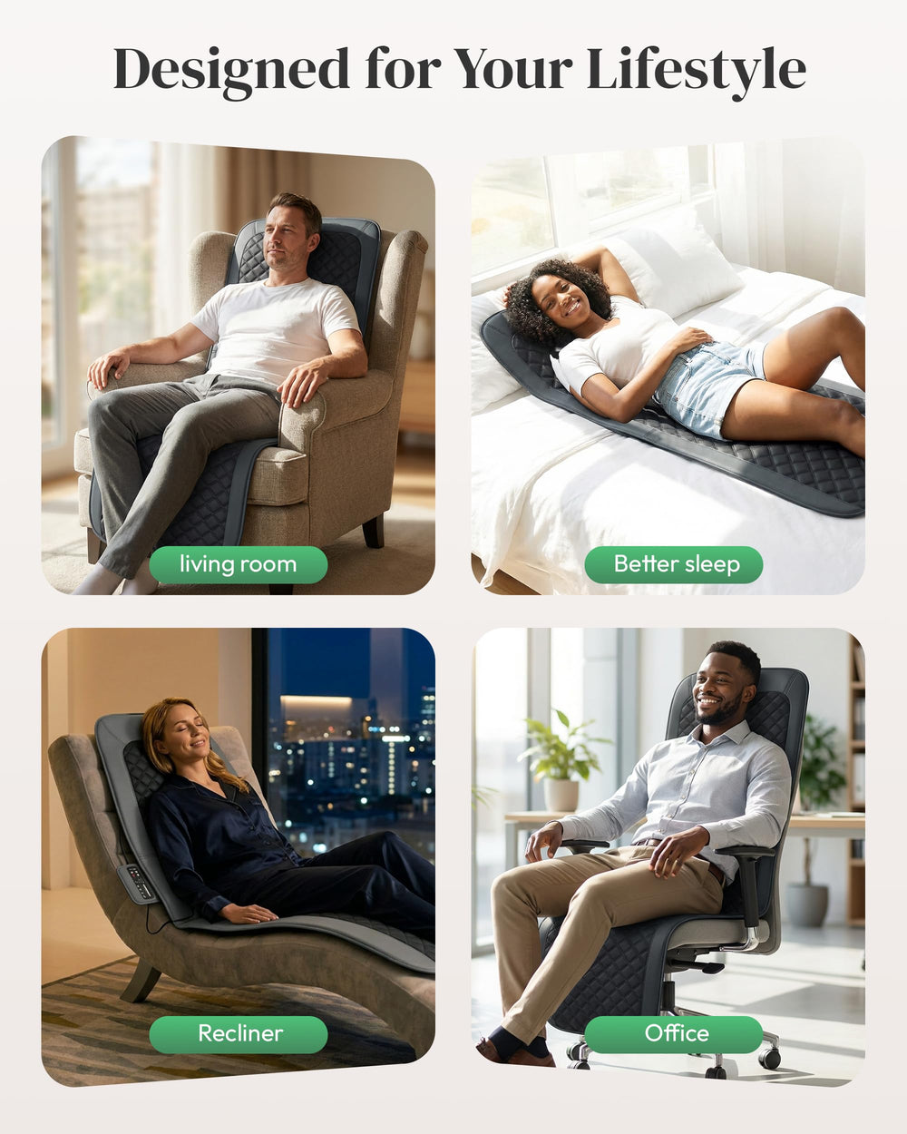Heycool massage mat on chair illustrates flexible use at home or office