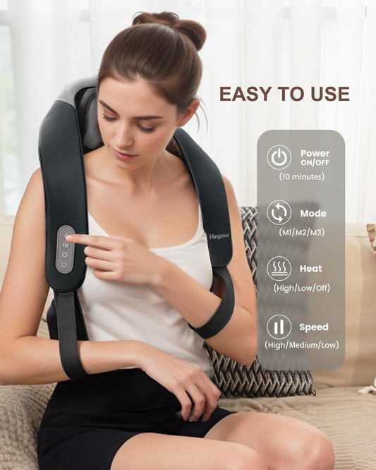 Heycool shiatsu neck massager strap design shows hands-free comfort.