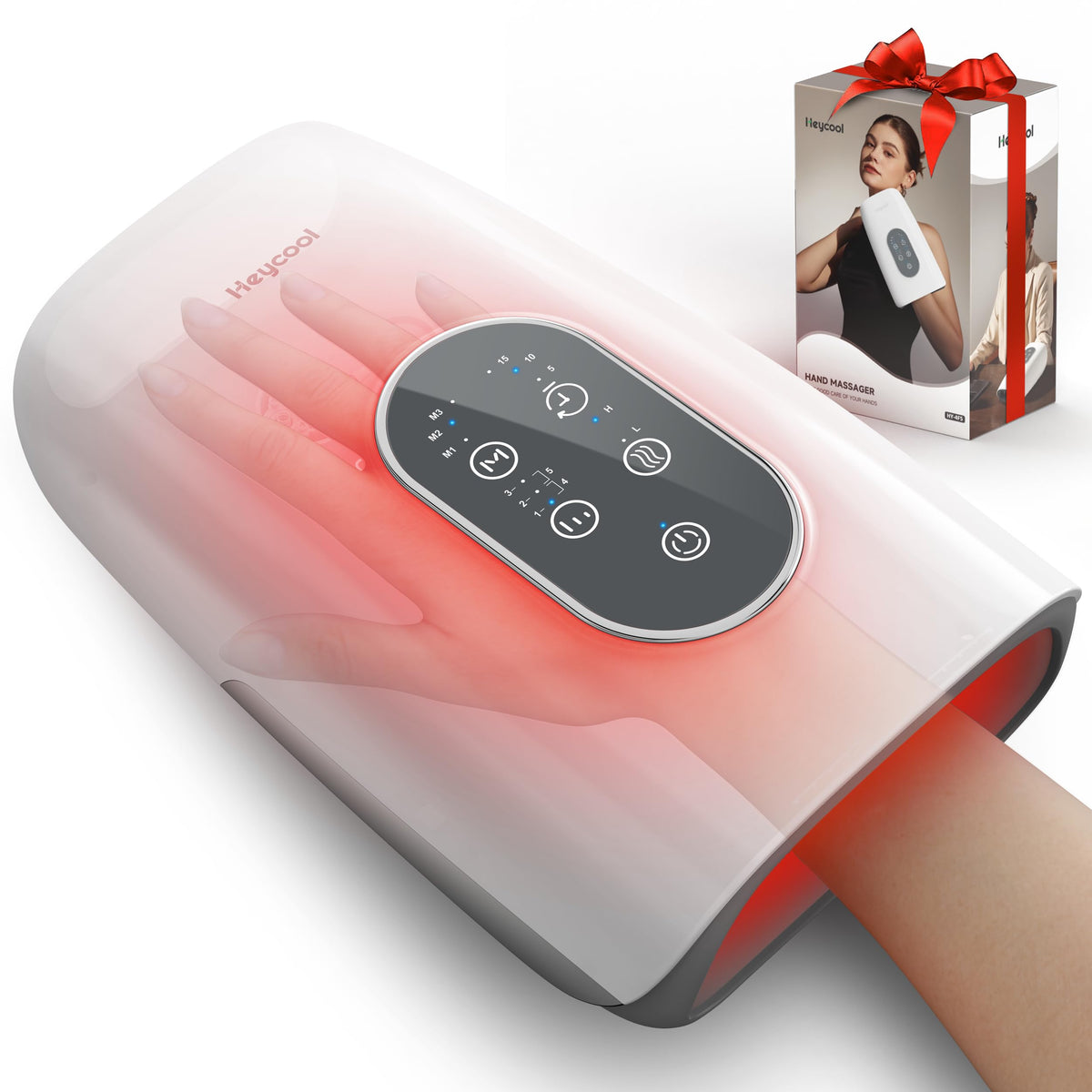Heycool Upgrade Hand Massager showing heat settings for personalized comfort.