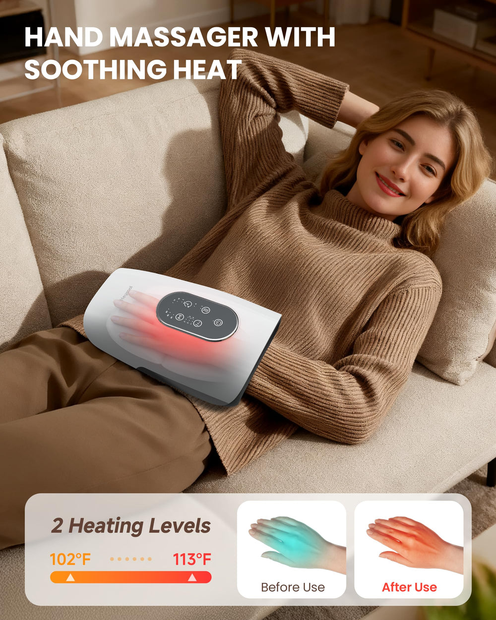 Heycool Upgrade Hand Massager rechargeable battery powering up to 90 minutes.