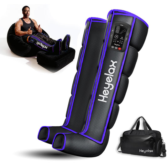 Heyelax cordless leg massager in use to improve leg circulation and recovery.
