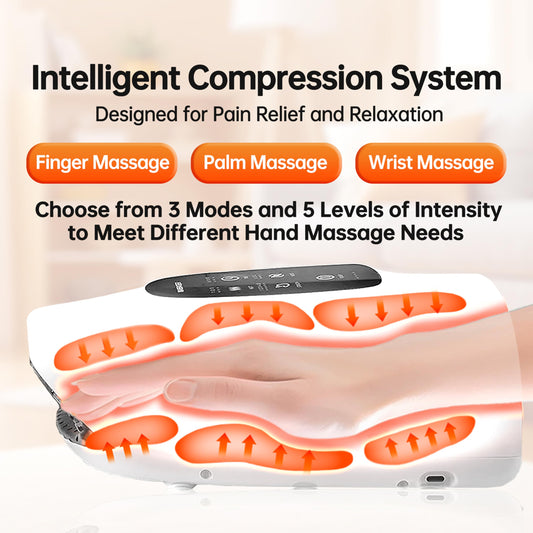 Heyelax hand massager with full-hand compression for targeted tension relief.