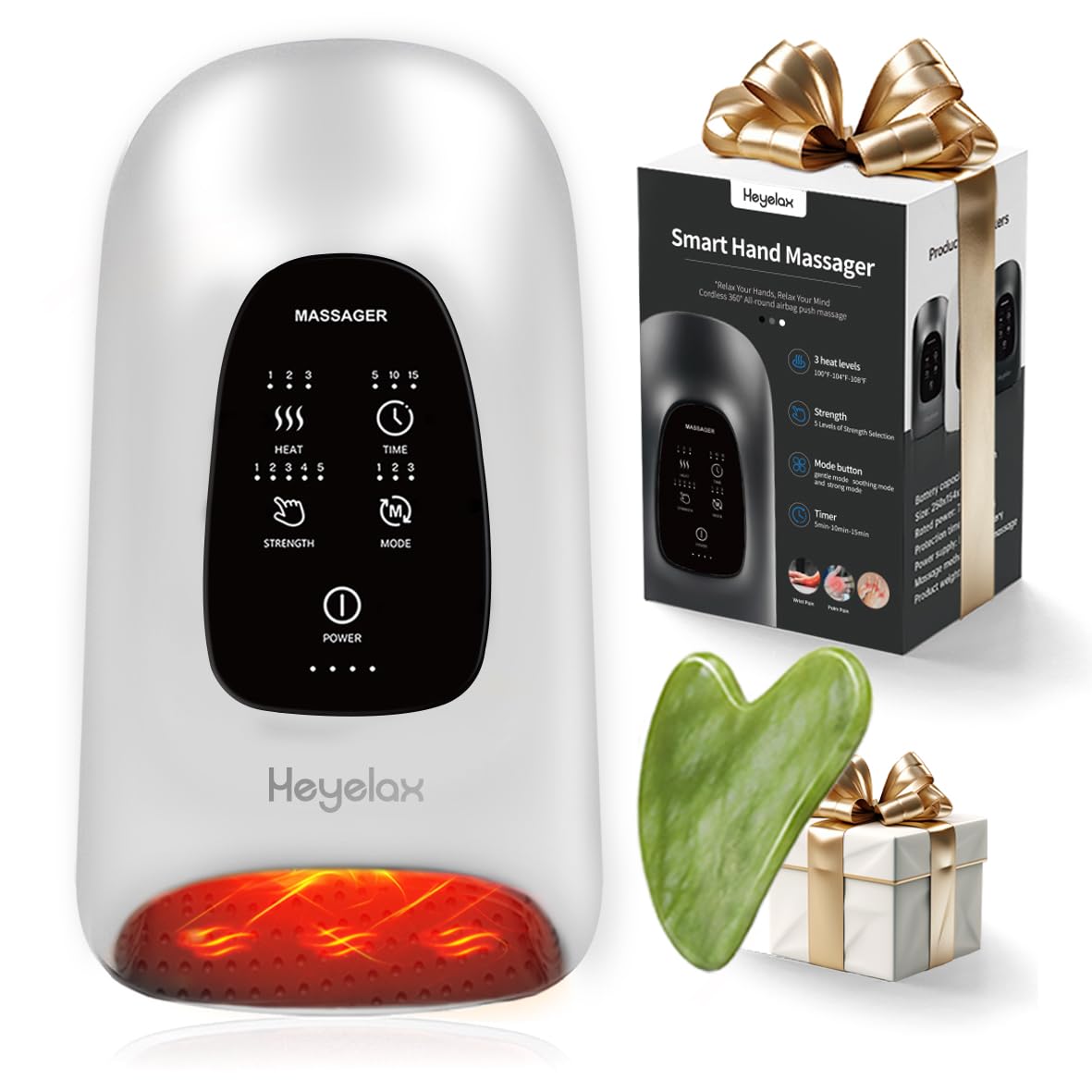 Heyelax hand massager with heat settings for arthritis relief and relaxation.