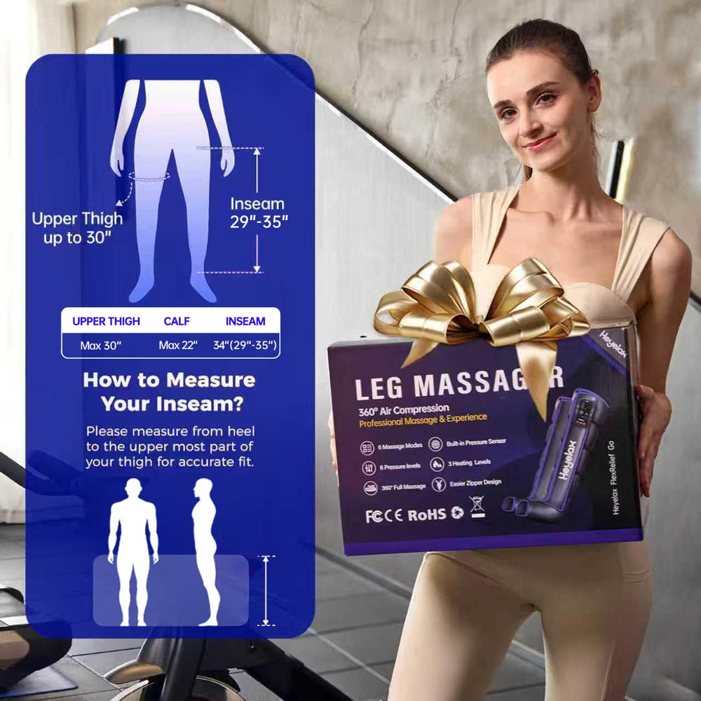 Heyelax medical-grade leg massager badge signals trusted certification.