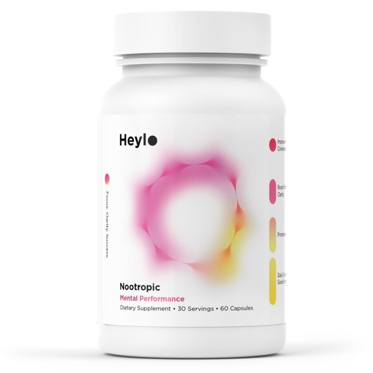 Heylo Health bottle cap close-up signaling daily focus support