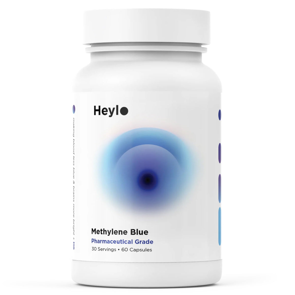 Heylo Health Methylene Blue capsules bottle emphasizing USP-grade purity and cognitive support.