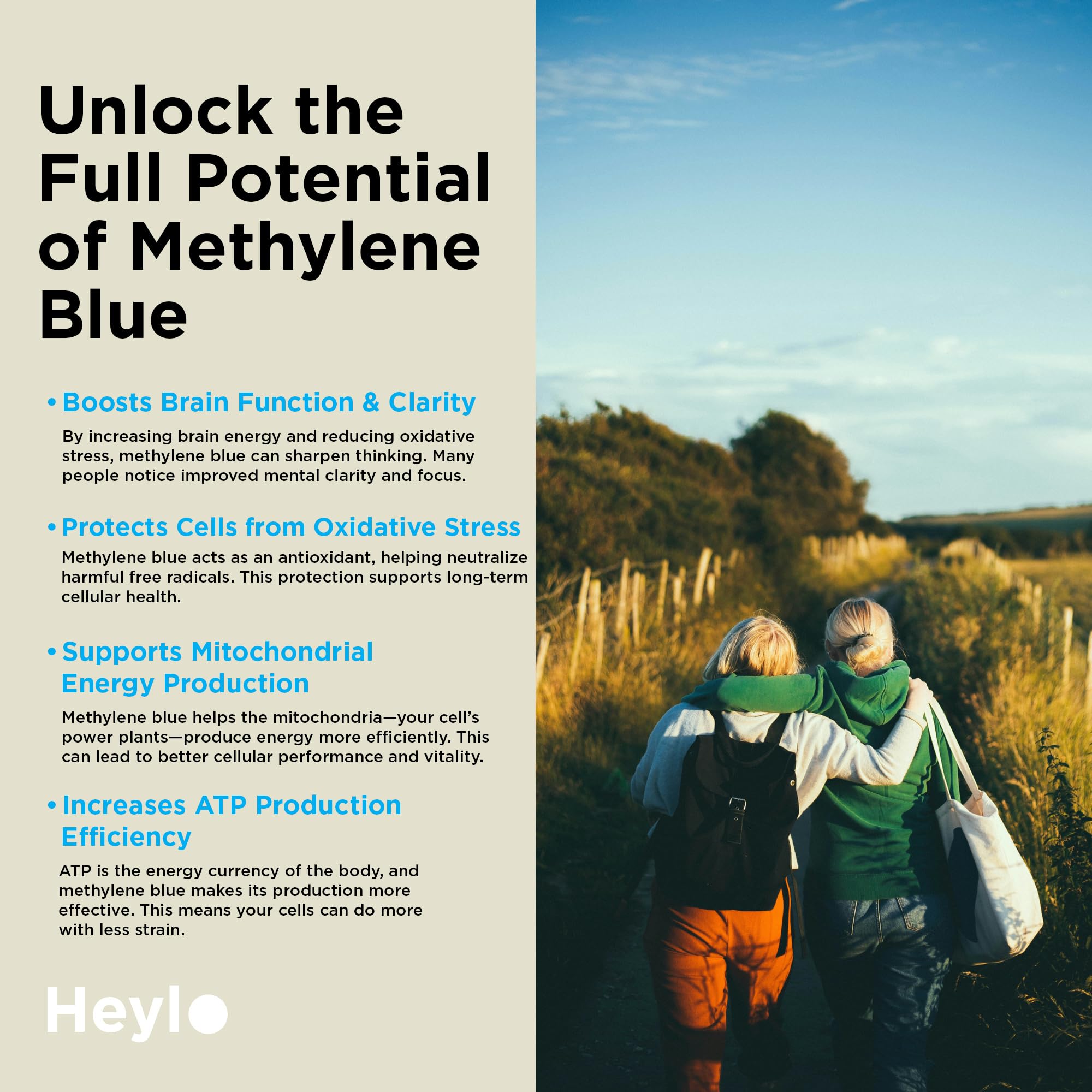Heylo Health Methylene Blue capsules ingredients panel on label.