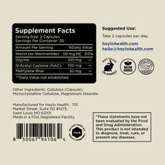 Heylo Health Methylene Blue capsules package closeup highlighting third-party testing.