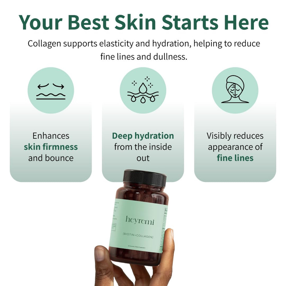 heyremi Advanced Biotin Collagen Gummies label close-up shows ingredients for skin elasticity