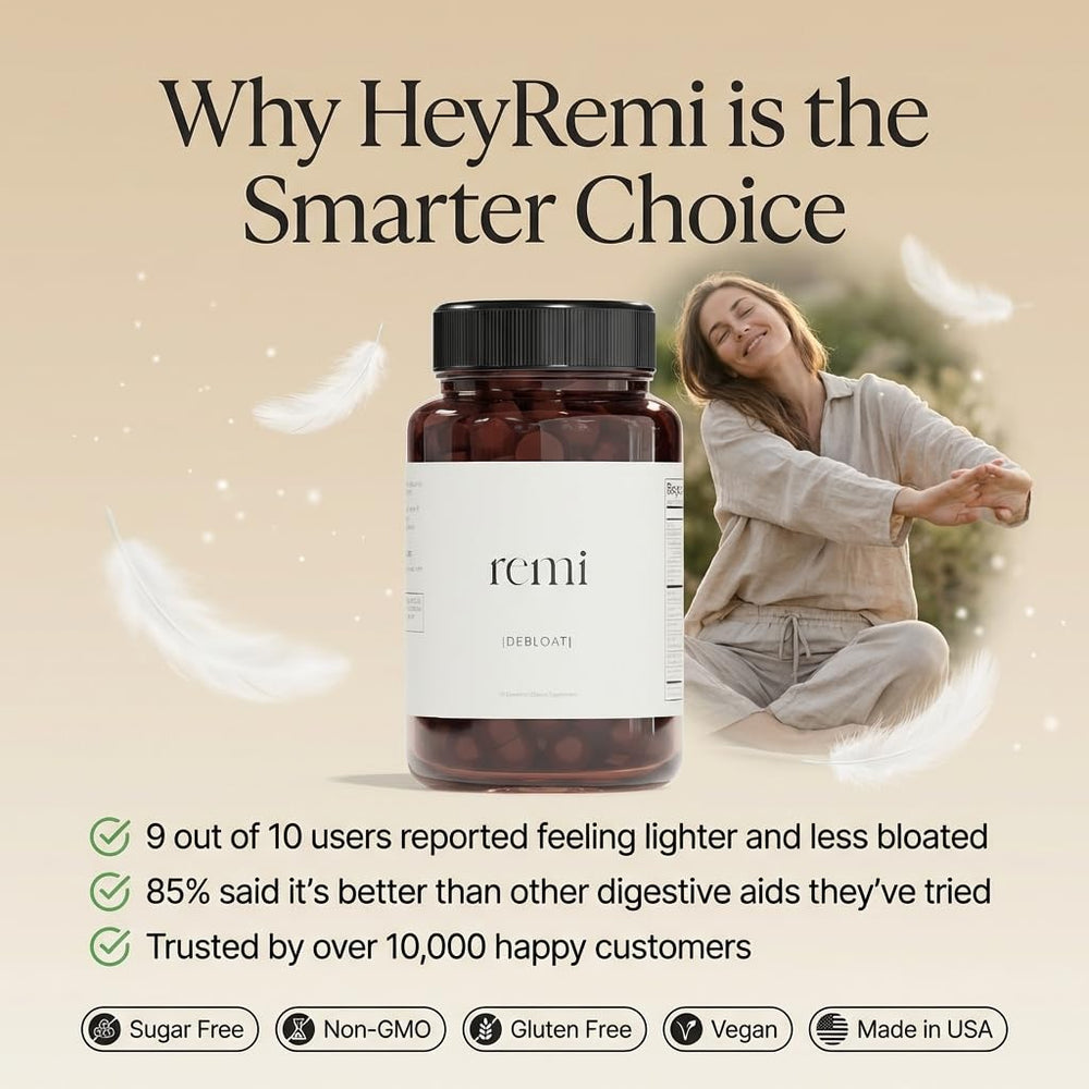 glass of water beside heyremi Debloat Gummies for everyday convenience