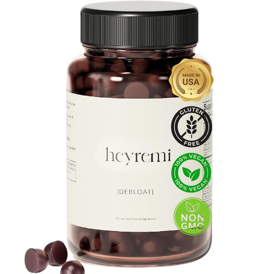 heyremi Debloat Gummies jar front showing vegan digestive support in a convenient format