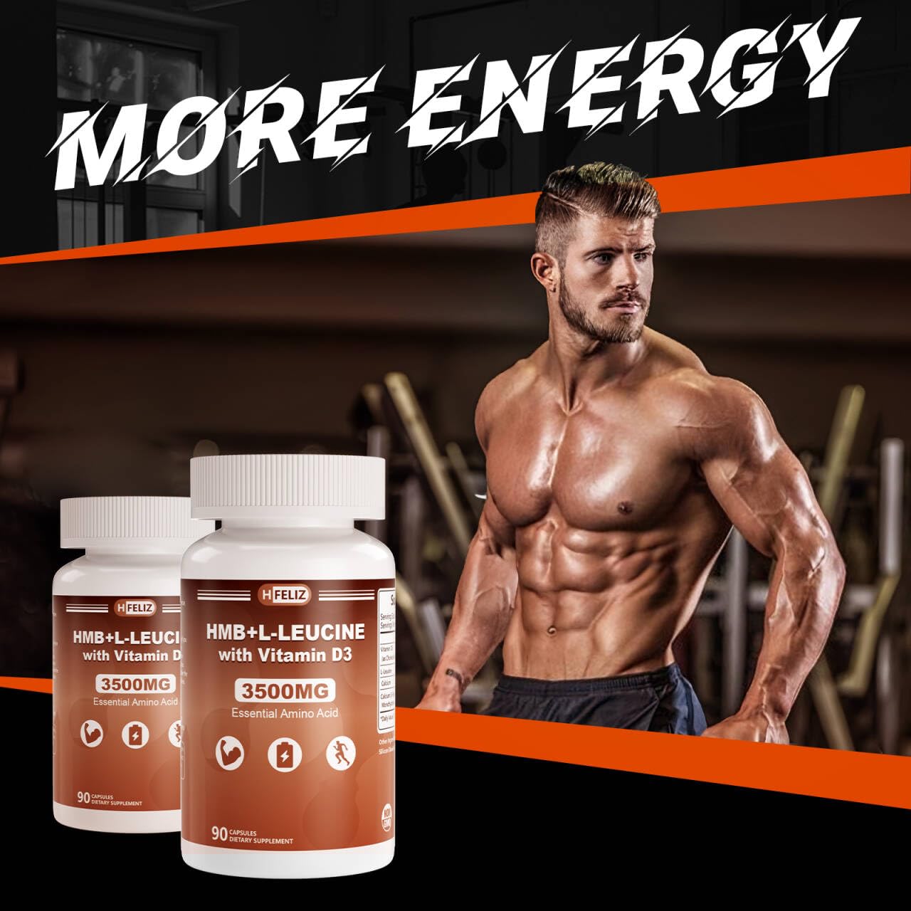 HFELIZ HMB and Leucine bottle info graphic illustrates 2000mg Leucine and 1500mg HMB