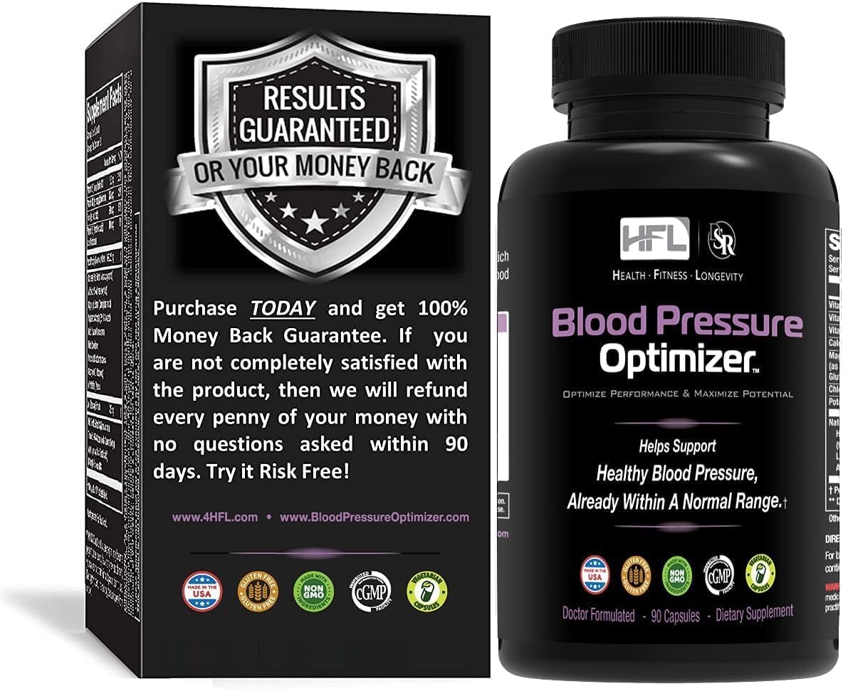 HFL Blood Pressure Optimizer bottle label with herbal ingredients for vascular support