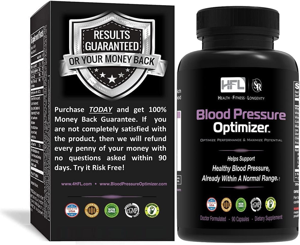 HFL Blood Pressure Optimizer bottle label with herbal ingredients for vascular support
