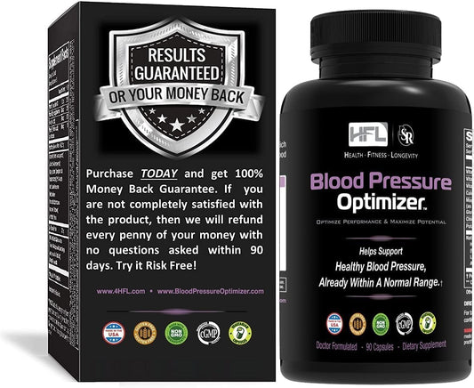 HFL Blood Pressure Optimizer bottle label with herbal ingredients for vascular support