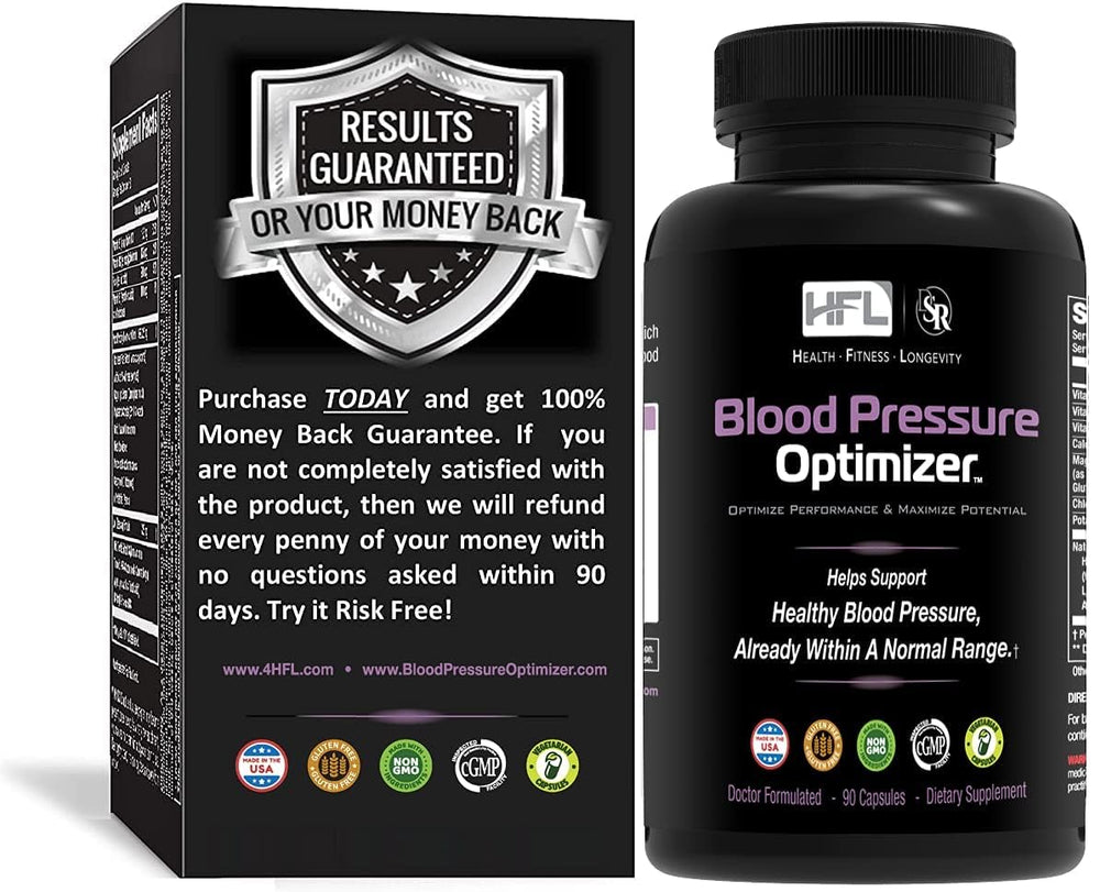 HFL Blood Pressure Optimizer pills close-up showing capsules for daily health support