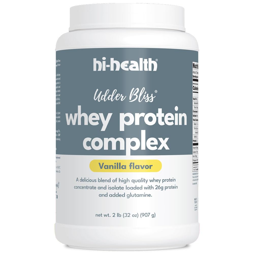 Hi-Health Udder Bliss bottle shows high BV whey protein for daily fitness