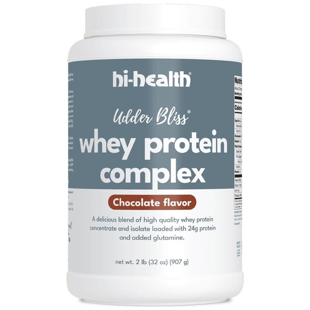 Hi-Health Udder Bliss chocolate whey protein bottle ready for a smooth shake