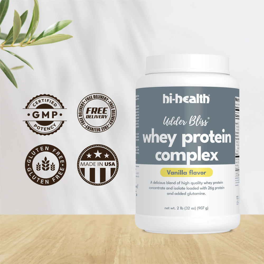 Hi-Health Udder Bliss vanilla powder close up emphasizes creamy flavor and smooth mixability
