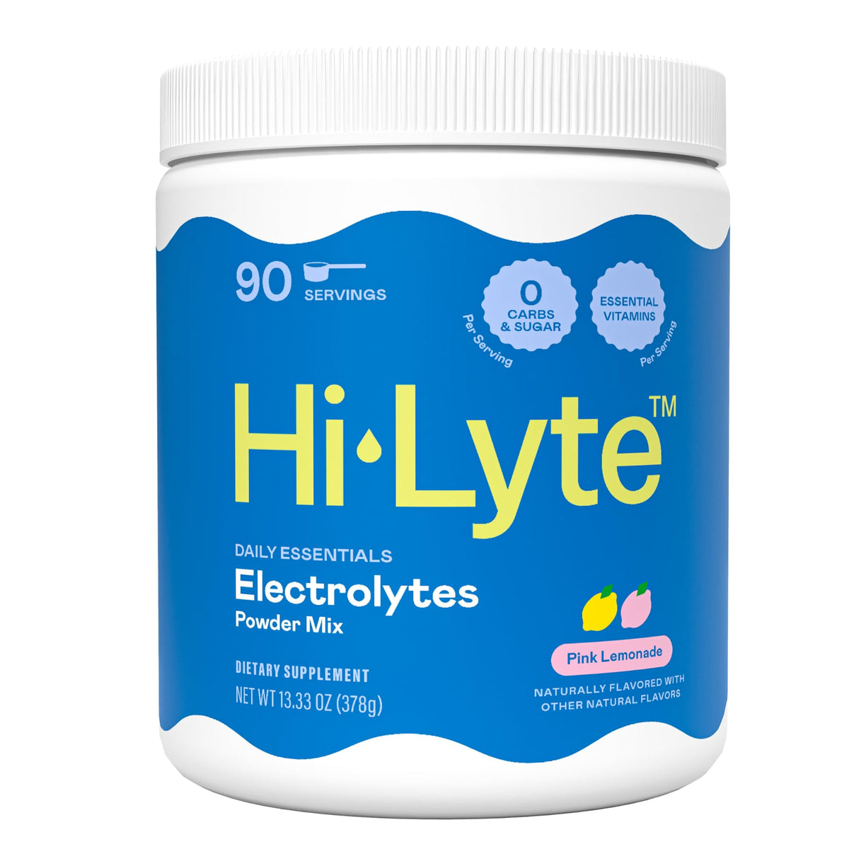 Hi-Lyte electrolyte powder tub label highlights keto-friendly hydration.