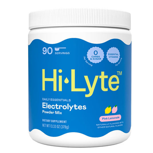 Hi-Lyte electrolyte powder tub label highlights keto-friendly hydration.