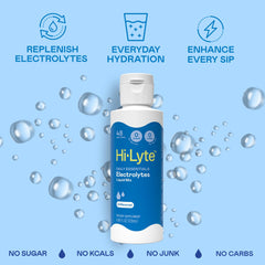 Glass of water with Hi-Lyte drops dissolving for refreshing hydration