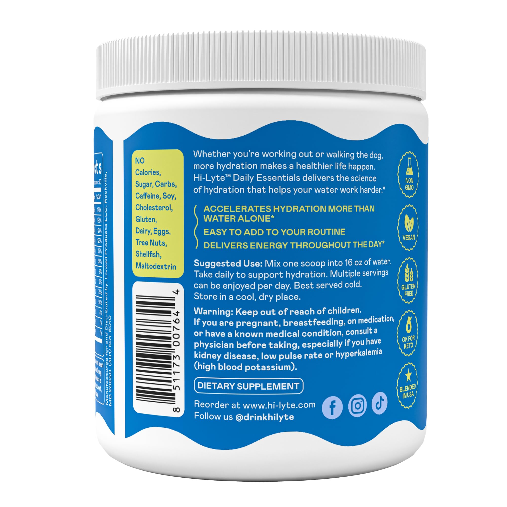 Hi-Lyte ingredient panel highlights minerals and vegan formula.