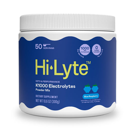 Hi-Lyte K1000 Blue Raspberry powder tub for hydration and balance.
