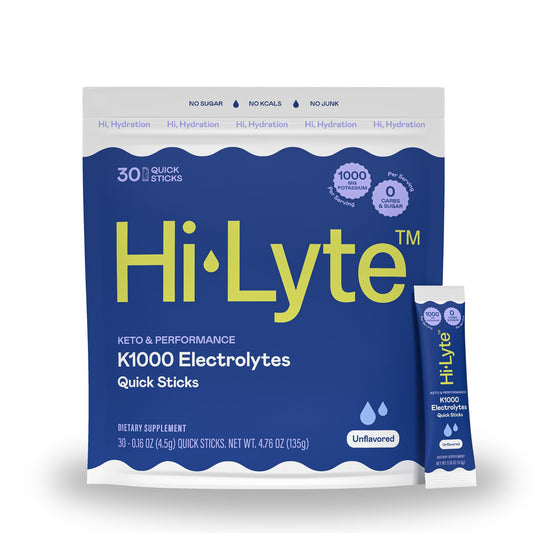 Hi-Lyte K1000 hydration packets bottle shows keto-friendly electrolyte balance.