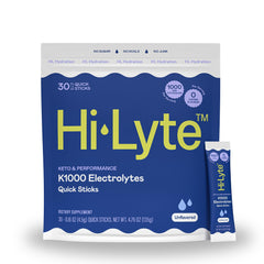 Hi-Lyte K1000 hydration packets bottle shows keto-friendly electrolyte balance.