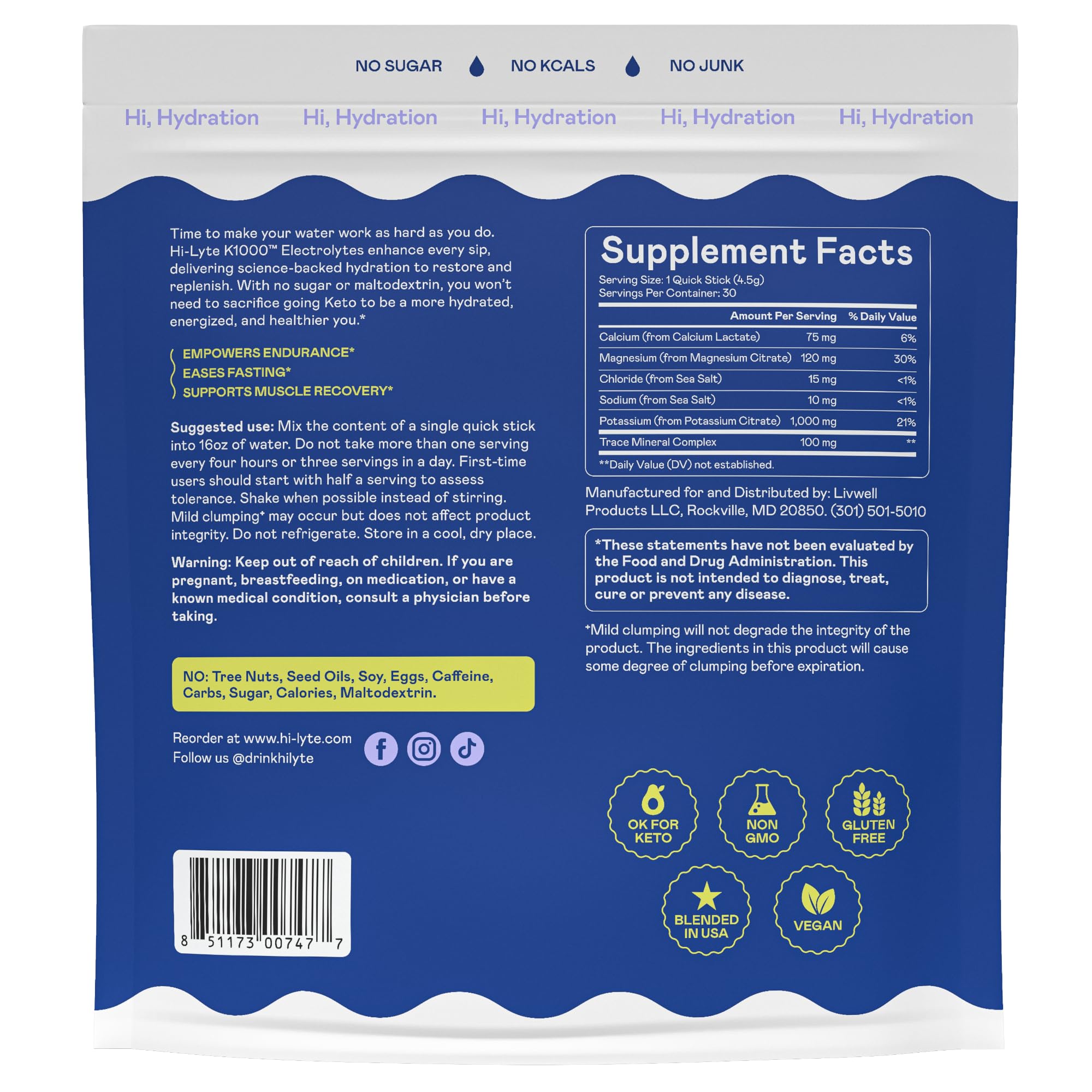 Hi-Lyte K1000 hydration packets mineral blend close-up highlighting potassium-rich formula.